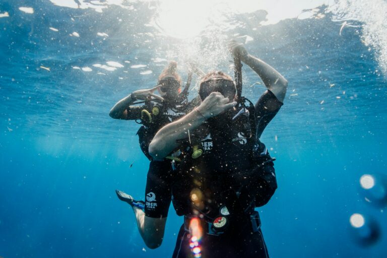 MExplor man in black wetsuit diving on water